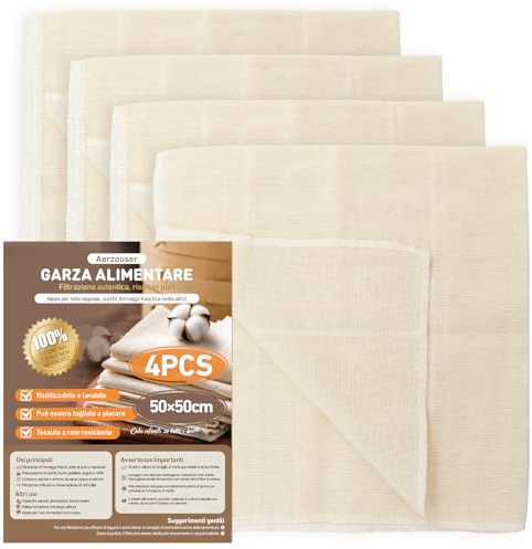 Aerzouser 4 Piezas Colador de Tela，Súper Fino y Lavable Colador Tela 50 x 50 cm，Reutilizable Cheese Cloth，Estameña Para Filtrar Leche de Almendras, Zumos, Batidos de Frutas, Tofu (4 Piezas)