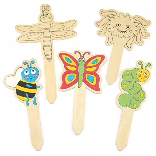 Baker Ross AR233 Bug Wooden Stakes - Pack of 10, Handy Lawn Decorations for Kids to Decorate and Gift