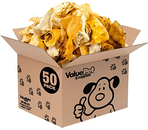ValueBull Cow Ears, Varied Shapes, Small, 50 Count Bulk Pack - All Natural Dog Treats, Angus Beef, Single Ingredient, Cleans Teeth & Gums