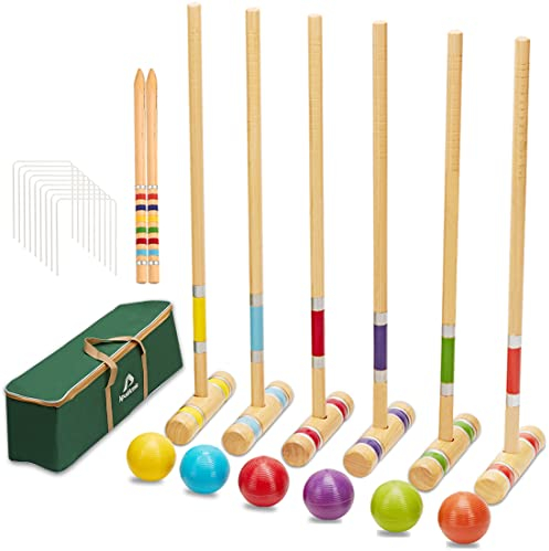 ApudArmis Sechs Spieler-Krocket-Set mit Premiun-Kiefernholzschlägeln, farbiger Ball, Dochte, Pfählen – Rasen-Hinterhof-Spiel-Set für Erwachsene/Kinder/Familie (große Tragetasche inklusive)