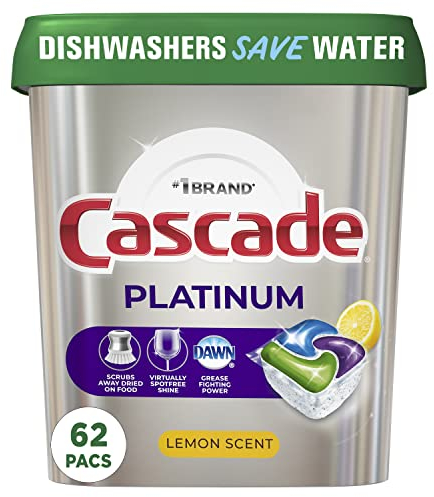 Cascade Platinum - Cápsulas para lavavajillas, detergente para lavavajillas, cápsula de jabón para lavavajillas, cápsula de lavado de platos Actionpacs, limón, 62 cápsulas de detergente para