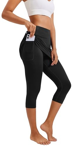 Balancora Women's Sports Skort Running Skort Leggings with Skirt Tennis Skirts Hockey Skirt Tight Capris Gym 3/4 Yoga Pants with Pockets and Headphone Jack Black