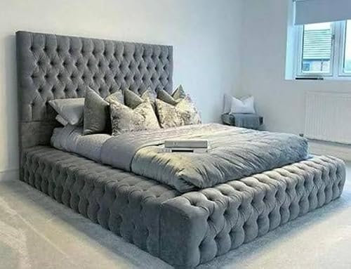 Beds & Co Grey Plush Velvet Upholstered Regal Ambassador Bed Frame and Headboard - Mattress Option Available - Hand Made in the UK - Single/Double/Kingsize/Superking (Kingsize (5FT), Without Mattress)