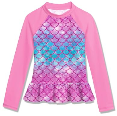 BesserBay Mädchen Schwimmshirt Badebekleidung UV Shirt Rüschensaum Sonnenschutz Violett Langarm Rash Guard 130