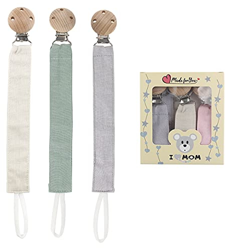 RUBY 3PCS Cadena Chupete Kit Portachupete, Set Chupetero Tela con Pinza de Madera de Haya Natural,Regalo Bebe (Verde-3)