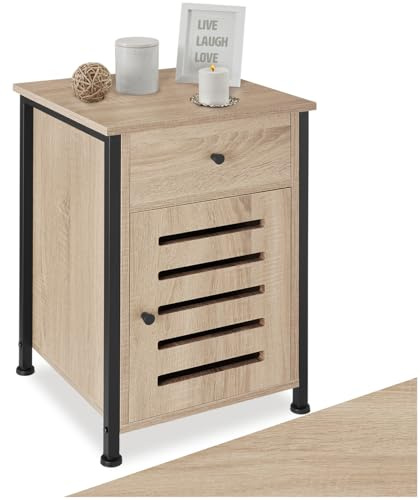 tectake® Nachttisch mit Schublade, Beistelltisch Holz, Nachttisch, Nachtschrank 40 x 42 x 60,5 cm, Deko Wohnzimmer Möbel, Blumenständer, Deko Schlafzimmer - Industrial Holz hell, Eiche Sonoma