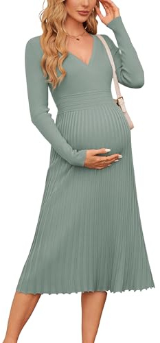 OUGES Women's Fall Maternity Dress for Photoshoot Long Sleeve Wrap V Neck Pleated Baby Shower Sweater Midi Dresses 2025(Gray Green,L)
