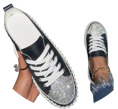 Minetom Damen Glitzer Turnschuhe Strass Sneaker Metallische Pailletten Tennisschuhe Pailletten Flache Low Schnürsenkel Walkingschuhe A Schwarz 40 EU