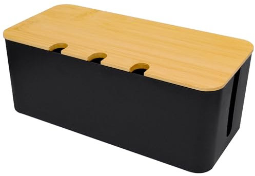 Fahibin Grande Boîte de Rangement de Câbles Noire, Boîte de Gestion de Cordon avec Bois Couvercle, pour Protection de Câble et Prise Multiprise Electrique 32 * 13.6 * 12.7cm Noir