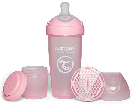 Twistshake Pro Double Biberón Anticólicos con Envase de Leche en Polvo - 330 ml | Pezón de Silicona de Flujo Rápido con Forma de Seno | Sin BPA | Adecuado para Bebés de Más de 4m+ | Rosa