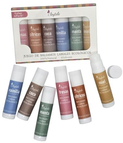 Eleytele Lip Balm Set di 6 balsami per labbra naturali e biologici | aromi: cocco, vaniglia, miele, menta, fragola, agrumi, idratazione, cura quotidiana, por regalo