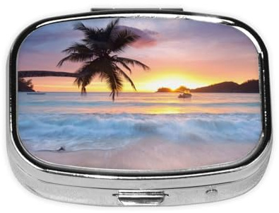 Sunrise Tropical Palm Tree Island, Meta Pill Box 2 scomparti per medicine, organizer portatile