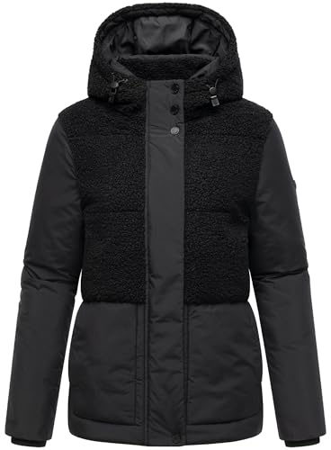 MARIKOO Giacca da donna in pile Teddy, calda giacca invernale in misto materiali alla moda con cappuccio Sheeta 16 XS-3XL, Nero , S