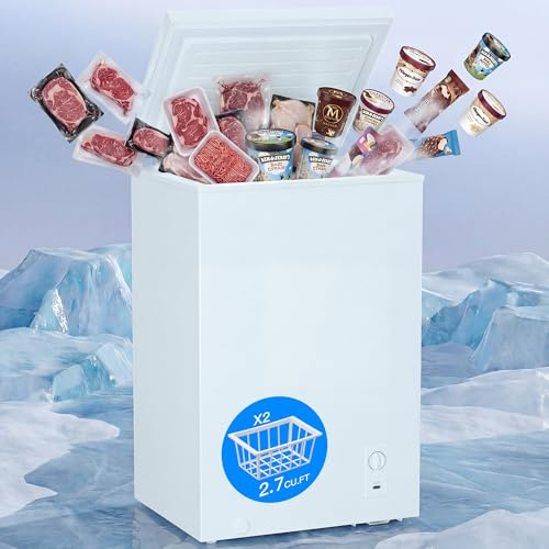 MEPTY 2.7 Cu.Ft Chest Freezer,Top Open Door Deep Freezer with 2 Removable Baskets,7 Adjustable Thermostat,Built-in LED Light,Quiet Energy Saving Freezers for Home,Kitchen,Garage Use