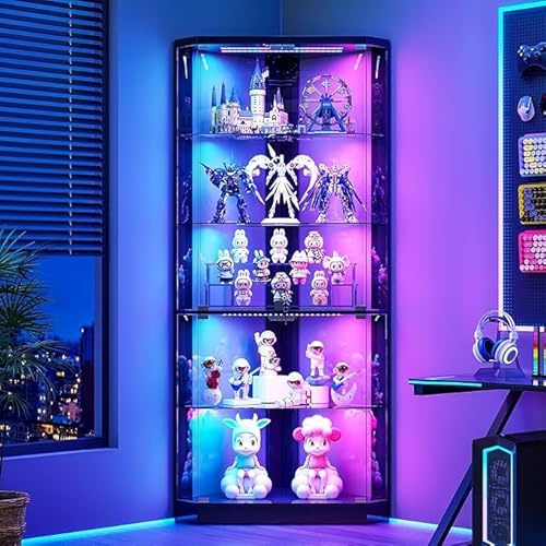 Gurexl 69 Corner RGB Glass Display Cabinets with lock for Curio,Black | 5 Tier Modern Curio Cabinet with Dynamic lighting,Storage Bookcase Cabinet with Glass Door for Study,Living Room,Bedroom