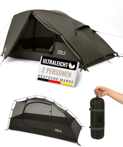 WANDERFALKE® Trail Tente pour 1 et 2 personnes, ultra légère, petite taille, étanche 4 000 mm, tente de trekking légère pour 1 à 2 personnes, tente d'extérieur pour trekking, vélo, camping, voyage