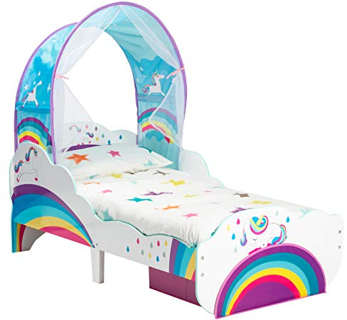 Worlds Apart Kleinkinderbett im Einhorn-und Regenbogen-Design mit Betthimmel und Stauraum, One Size