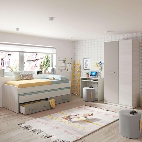 Miroytengo Pack Habitación Juvenil Infantil Completo Color Blanco Alpes Y Basalto (Cama Nido + Armario + Escritorio) con Somieres
