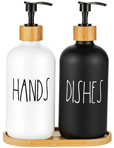 Hniuyun Glass Soap Dispenser Set of 2, Glass Soap Dispenser Bottle with Pump, 16 Oz Refillable Liquid Hand Jar Dispenser for Bathroom, Countertop, Kitchen, Laundry Room (Black & White)