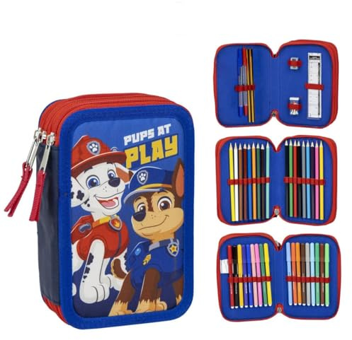 Cerda Paw Patrol School Pencil Case with 1 HB Pencil, 2 Pens, 1 Scissors, 1 Eraser, 1 Sharpener, 1 Ruler, 18 Pencil Colours and 18 Giotto Felt Tips Pens