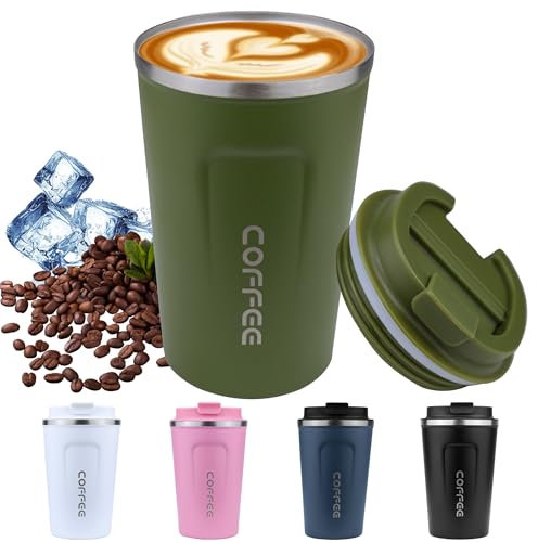 Disoza 380 ml Thermobecher Kaffee to go Kaffeebecher Thermobecher Travel Coffee Mug Kaffeebecher to go Thermo Becher mit Deckel Termokaffeebecher Thermotasse Trinkbecher mit Deckel (Olivgrün)