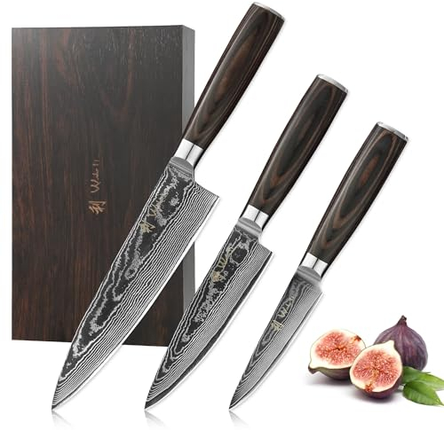 Wakoli EDIB Essentials Lot de 3 couteaux en acier damassé avec 67 couches de noyau 60±1 HRC et protège-doigts en acier damassé VG10 avec protection des doigts dans une boîte en bois