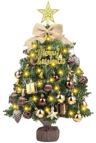 SVNVIOZ Mini 50cm Weihnachtsbaum mit Bronze Gold Weihnachtskugeln, Kleiner Weihnachtsbaum Stern Baumspitze und Weihnachtskugeln, Künstlicher Weihnachtsbaum für Weihnachtsdekoration