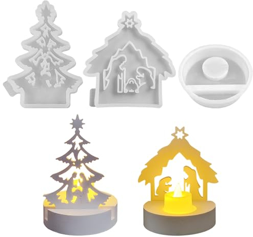 Nexoria Krippe Silikon Gießform, 3 Stück Silikonform Ostern Silikonformen Gießformen Krippe Set Giessformen zum Gießen Silikonform Krippe mit Sockel Silikonform Kerzenhalter Ostern (A)