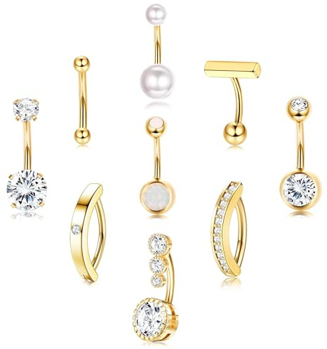 Morfetto 9 st kirurgiskt stål, navelpiercing, 14G navelpiercing för kvinnor, navelpiercing, guld/silver, CZ Pearl, Clicker, navelpiercing, 10/12 mm