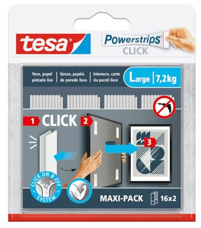 tesa Powerstrips CLICK självhäftande krokar för upphängning av ramar och väggdekoration utan borrning – självhäftande remsor med fästsystem på och avstängning – Large – 16 x 2 st