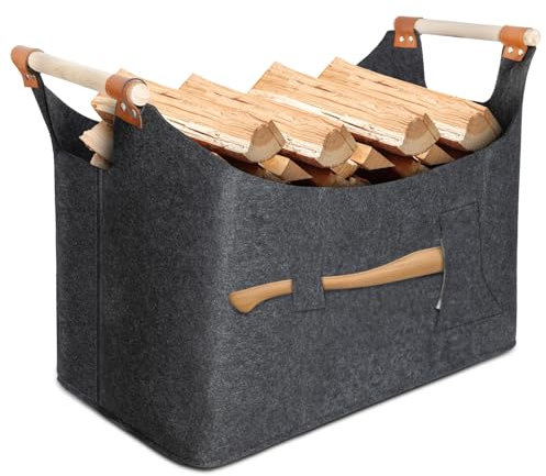 2025 Nuevo Canasta De Leña 55 x 40 x 32 cm 70L, El hacha se puede colocar, Cestas De Fieltro Súper Gruesas Y Manijas De Madera Maciza, Cesto Leña, Fieltro De Bolsa De Leña Plegable