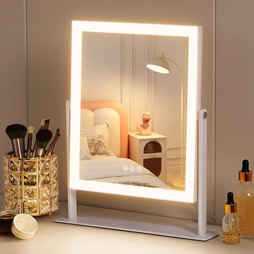 FENCHILIN Espejo de maquillaje con iluminación Hollywood - 3 colores - Luz de intensidad variable - Con iluminación - Control táctil inteligente - Ampliación 10x - Rotación a 360° - Blanco