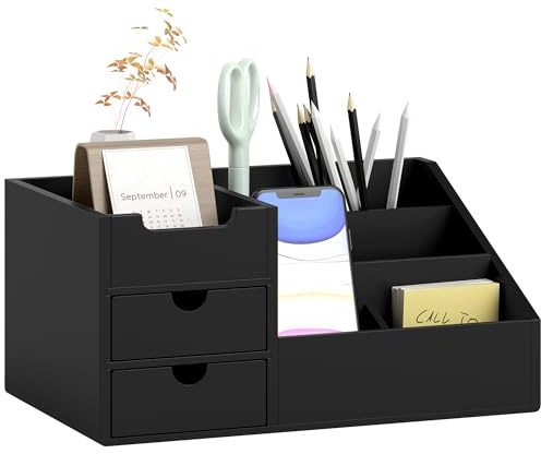 HOMCOM Boite de Rangement de Bureau - Organiseur de Bureau - 7 Compartiments, 2 tiroirs - Bambou Verni, Noir
