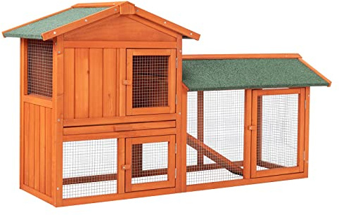 HOBBYZOO Poulailler - Clapier à Lapin – 2 étages – Bois Sapin Toit Bitumé avec Rampe, Enclos Sécurisé et Bac Amovible - Dimensions L156 x W52 x H68 cm