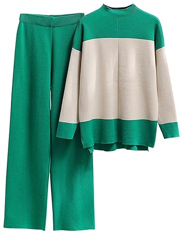 Generico Ensemble Femme 2 Pièces En Tricot Élégant Confortable Combinaison En Tricot Laine Décontracté Col Rond Pull Et Pantalon Jambe Large Travaillé Doux Complet Pour La Maison Élastique Léger