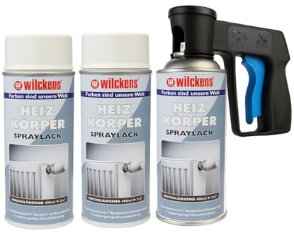 ARLI Set: 3x Heizkörperlack Spray weiß hochglänzend 400ml RAL 9010 + 1x Sprühpistole Pistolengriff für Spraydosen Set für Heizkörper Wasserleitungen Radiatoren Warmwasserrohre