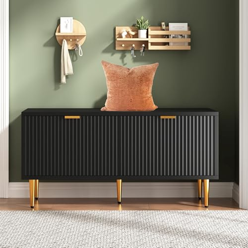 IDEALHOUSE Shoe Storage Bench, 42 Wooden Storage Chest, Loads 300 lb, Easy Assembly, Storage Ottoman Bench for Entryway Bedroom Living Room, Black