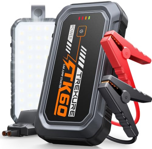 TREKURE 6000A Jump Starter Power Pack, 12V Car Battery Booster Jump Starter for up 9L Gas/6.5L Diesel Engine, Car Jump Starter with Magnetic LED Light, Car Jump Starter Power Bank with Jump Leads