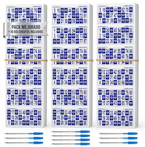 EMMA HAPPY Cartones de Bingo Azules 90 Bolas – 1800 Unidades (3x600) Numeradas 1 al 90 + 10 Bolígrafos Azules – Bingo Tradicional en Cartón para Fiestas, Residencias y Asociaciones