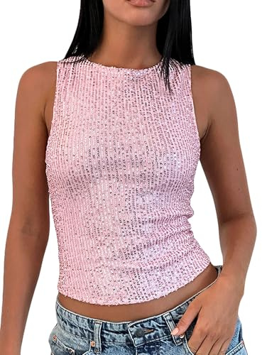 Women Summer Sequin Vest Tops Sparkly Vests Glitter Tank Going Out Cami Top | Dressy Party top glitter Camisole Shirt Sleeveless Cropped Slim Fit Party Club rave party Slim Fit Sheer See Through Deco
