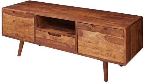 FineBuy HiFi Lowboard Sheesham Massivholz Landhaus TV Kommode 135x51x45cm, Fernsehschrank Unterschrank mit Schublade & 2 Türen, Fernsehtisch Ablagefach, Fernsehkommode TV Möbel Braun