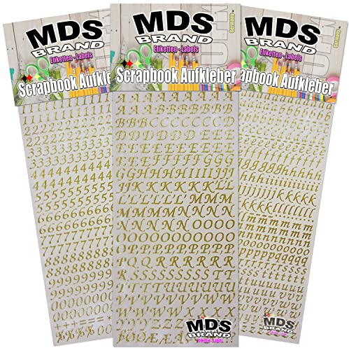 MDSBrand 1cm Schreibschrift Buchstaben Aufkleber & Zahlen Aufkleber 3er/pk ideal für Hochzeit, Weihnachten und Geburtstagen, einfach zum basteln und gestalten von Karten & Fotoalbum 20 (Gold)