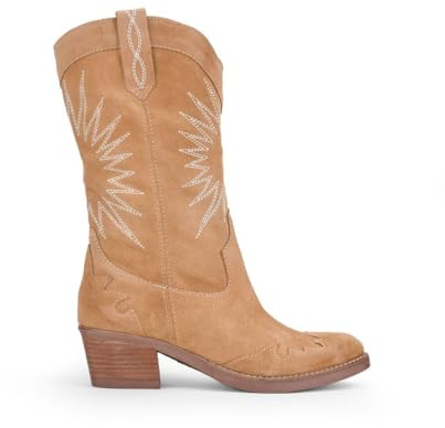 BOSANOVA Bota Cowboy de Media caña confeccionada en Serraje Piel con Detalle de Cortes y Bordados a Contraste, Ligero tacón de Madera. Calzado para Mujer Arena 38