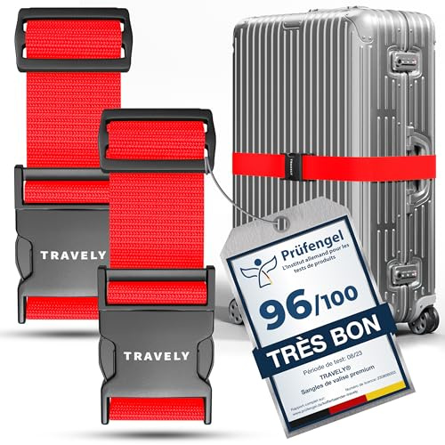 Travely® Cinghia per valigia alta qualità, accattivante e sicura, 2 targhette nome, nastro bagagli croce, set 2 pezzi, rosso