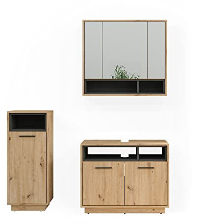 Vicco Badmöbel-Set Beatrice, Badezimmerschrank-Set, Eiche/Anthrazit, 3 Teile
