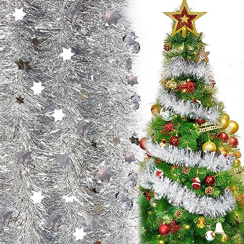6PCS Guirlandes de Noël Tinsel 12m Avec Étoiles Décoration Scintillantes - Ornement Pendendif pour Sapin, Maison Intérieur, Fête, Anniversaire, Mariage (Argenté)