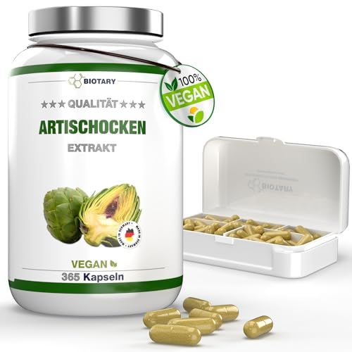 Artischockenextrakt | 365 Kapseln | 30:1 Extrakt (=72.000 mg Artischocke) | 5% Cynarin (120 mg) | 2400 mg Tagesportion | inclusive Pillenbox | Vegan