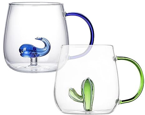 Fenhua Bicchiere per Acqua in Vetro - Bicchiere da 400 Ml con Simpatico Animaletto all'Interno, Bicchieri Trasparenti per caffè, Succhi di Frutta, tè, Latte, Acqua