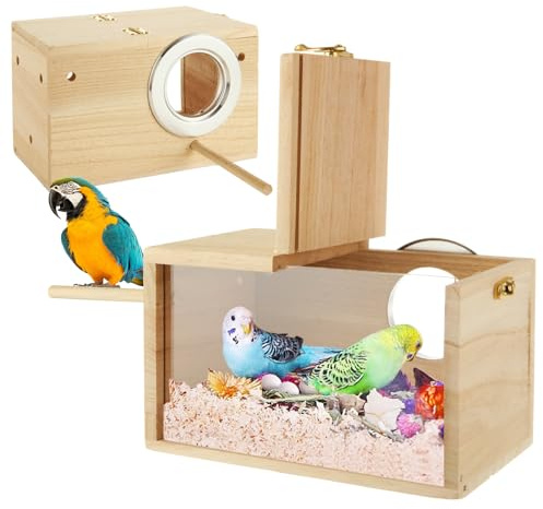 QTLCOHD 2 Pack Parakeet Nesting Box, Natural Wood Breeding Box with Transparent Acrylic Window, Bird Nesting Box for Parakeets, Lovebird, Cockatiels, Conure