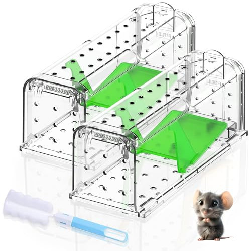 Humane Mouse Traps Indoor Outdoor: Mouse Traps for indoor, Pets and Children Friendly, No Touch Release Mousetrap Includes Cleaning Brush, Washable, Reusable Rodent Mouse Trap No Kill (2, Green)